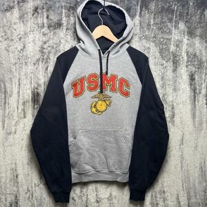 Vintage Y2K USMC United States Marine Corps Jerzees Gray Black Hoodie Men's L